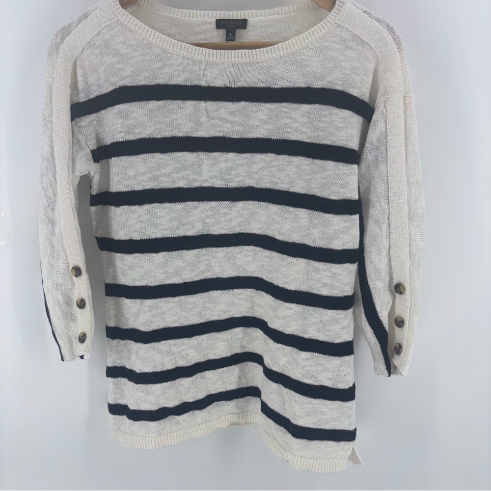 Talbots Sweater Women SP Cream 3/4 Button Cuff Sleeve Coastal Old‎ Money Preppy